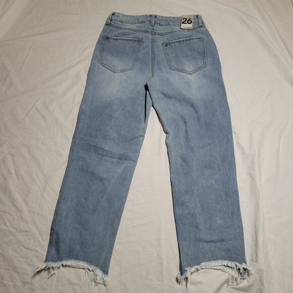New High Rise Straight Leg Distressed Jeans Slim Fit Recycled Repreve Raw Hem 26 - Picture 3 of 10